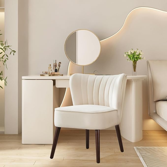 Modern Velvet Accent Chair Set of 2 Soft Upholstered Living Room Chair with Wooden Legs Comfy Armless Lounge Chair for Living Room/Makeup/Office/Bedroom Beige