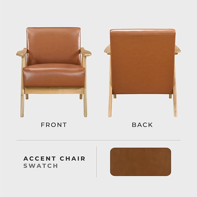 Lexicon Mid Century Modern Accent Chair with Solid Wood Frame in Natural Finish Faux Leather Living Room Lounge Arm Chair Thick and Comfy Innerspring Seat Cushion Brown