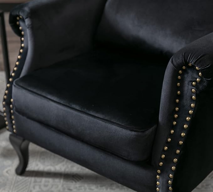 Mid Century Modern Accent Chair Upholstered Armchair Comfy Velvet Fabric Single Sofa with Tufted Wingback for Small Spaces Bedroom Living Room Black