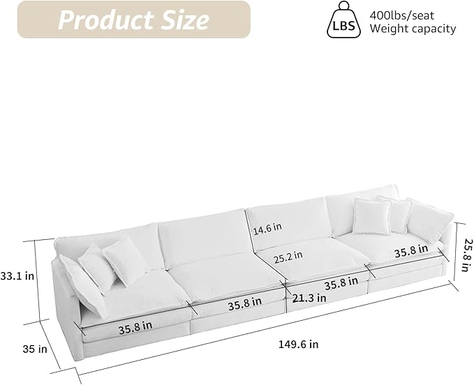 149.6 Modern Cozy Sectional Couches for Living Room Green Chenille Comfy Cloud Couch Sectional 4 Seater Couch for Living Room Sofas para Sala I Shaped Sofas &amp Couches (Green 4+0 Set)