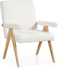 Giantex Mid-Century Modern Accent Chair Sherpa Fabric Reading Chair with Padded Armrests Solid Rubber Wood Frame Upholstered Side Arm Chair for Living Room Bedroom Office Beige