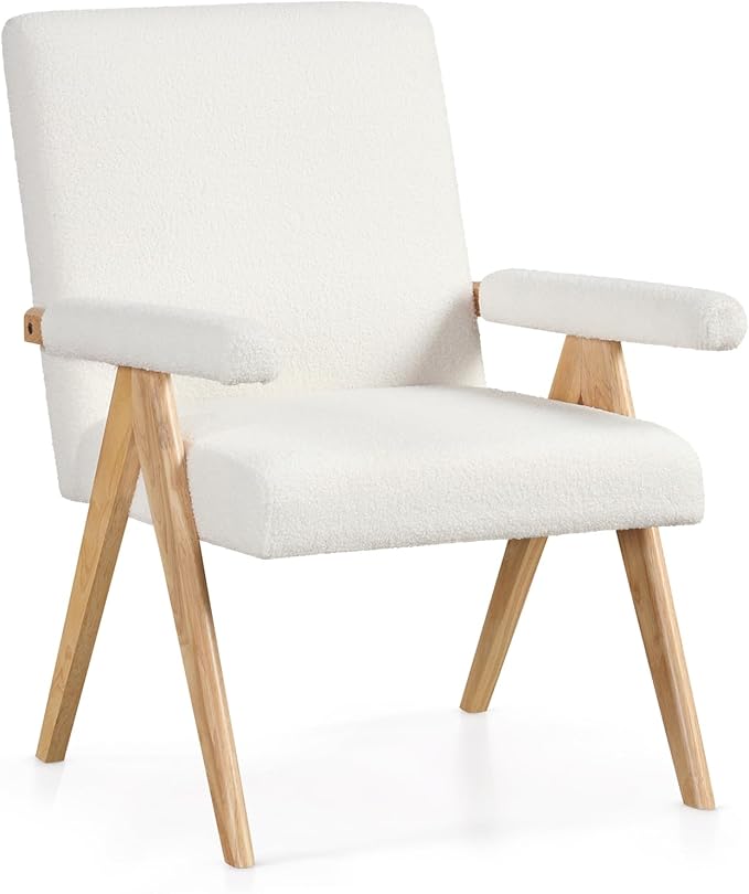 Giantex Mid-Century Modern Accent Chair Sherpa Fabric Reading Chair with Padded Armrests Solid Rubber Wood Frame Upholstered Side Arm Chair for Living Room Bedroom Office Beige