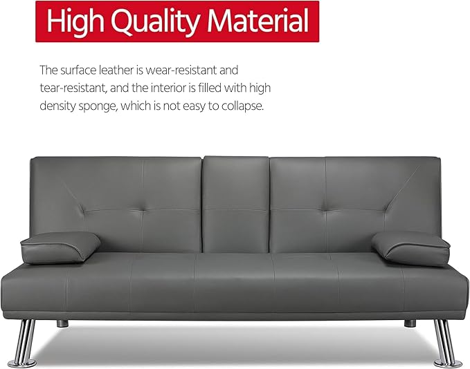 Futon Sofa Bed Modern Folding Couch for Small Space Faux Leather Convertible Loveseat Sleeper Bed Daybed Recliner Lounge Sofas for Living Room2 Cup HoldersMetal LegsRemovable Armrests (Gray)