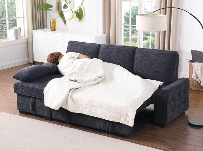 Lilola Home Mackenzie 91-inch Chenille Fabric Reversible Sleeper Sectional Sofa with Storage Chaise Drop-Down Table Cup Holders &amp USB/USB-C Charging Ports Easy Assembly Living Room — Charcoal