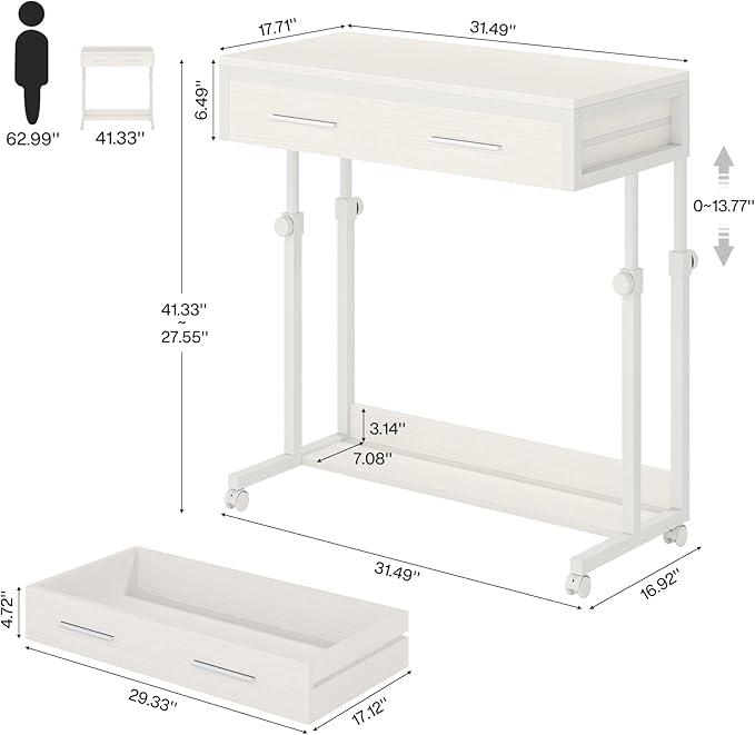 Tribesigns Portable Desk with Drawers Mobile Laptop Desk with Wheels Sofa Side Table Bed Desks Small Standing Desk for Home Office (White)