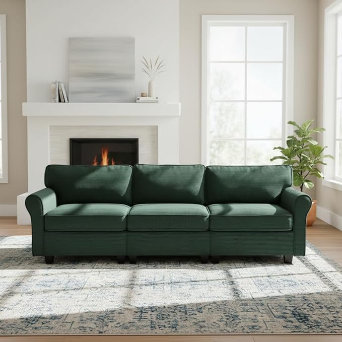 94 Sofa for Living Room 3 Seater Couch with Deep Seat Modern Comfy Corduroy Couches for Apartment Small Space Dark Green