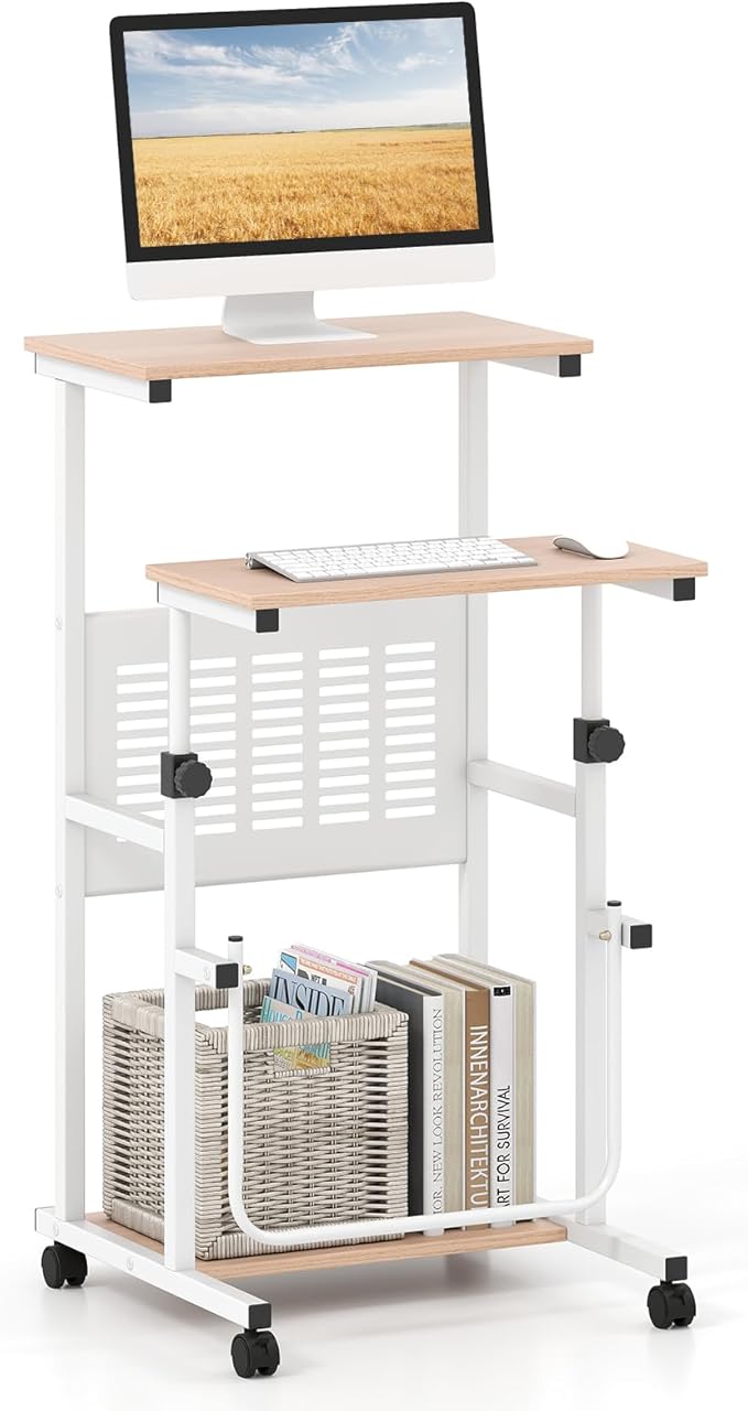 Tangkula Adjustable Standing Desk Mobile Rolling Computer Desk with Storage Shelf Portable Laptop Table with Footrest Mesh Panel Lockable Wheels Sit Stand Workstation for Home Office