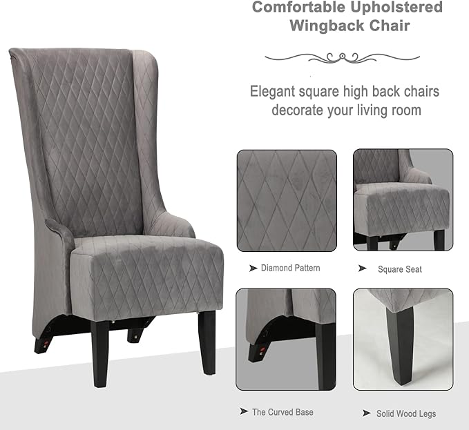Henf Fabric Upholstered Wingback Accent Chair Velvet Living Room Chair Accent Chair Modern Tufted Leisure Chair with Arms High Backrest Indoor Sofa Chair with Solid Wood Legs Grey