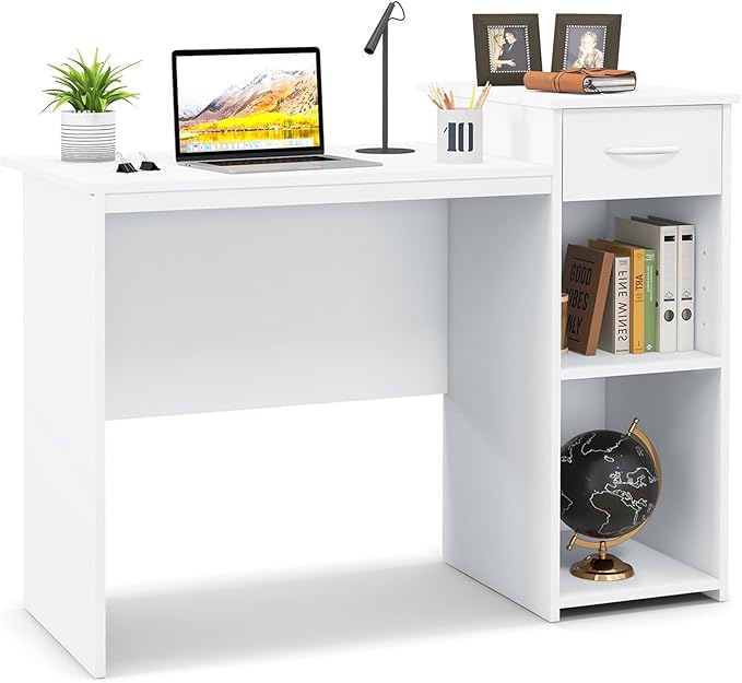 Giantex Computer Desk with Storage Modern PC Laptop Table with Printer Shelf Drawer CPU Stand &amp Cable Hole Compact Study Writing Desk Workstation for Small Spaces Home Office White