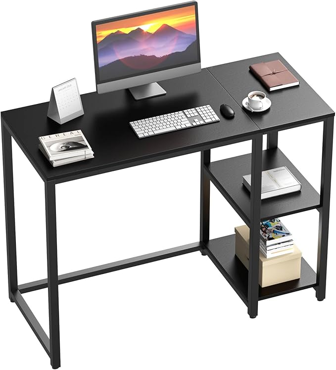 SINPAID Computer Desk 47 inches with 2-Tier Shelves Sturdy Home Office Desks with Large Storage Space Modern Gaming Desk Study Writing Laptop Table Black