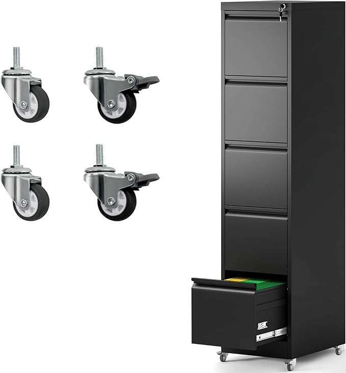 4 Drawer File Cabinet with Wheels Metal Mobile Filing Cabinets with Lock Vertical File Cabinet for Home Office Rolling Storage Cabinet for A4/Letter/Legal Size File Assembly Required Black