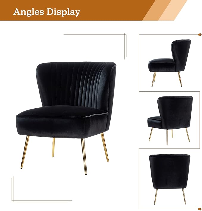 Tina's Home Velvet Armless Accent Chair Upholstered Modern Small Side Chair with Golden Legs Comfy Cute Wingback Slipper Chair for Living Room Study Beauty Room Thickly Padded(Black)