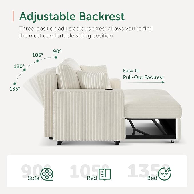 52” 3-in-1 Convertible Pull-Out Sofa Bed Sleeper Loveseat with Built-in Cup Holders Reclining Backrest Pet-Friendly Corduroy Sofa for Small Space - White