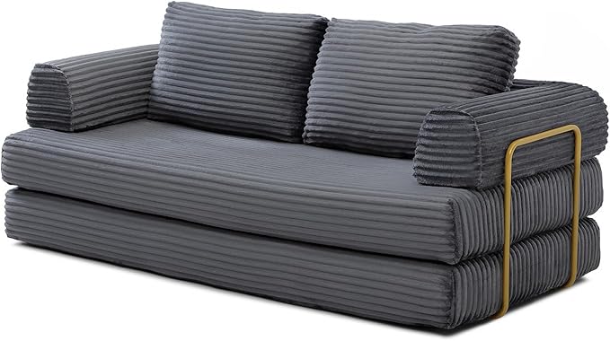 80” Convertible Sleeper Sofa Bed High Back Plush Corduroy Boneless Futon Loveseat with Pull Out Bed Fixed-Shape Folding Floor Mattress Couch No Assembly Required (Grey)