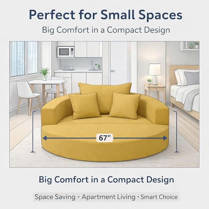 Convertible Round Sofa Bed 67 Corduroy Upholstered Loveseat Sleeper Couch Pull-Out Floor Bed with 3 Pillows No Assembly 550 lbs Weight Capacity (Yellow)