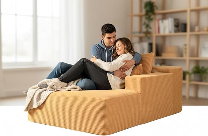 Monroe Convertible Chaise Lounge Chair Indoor – Oversized Corduroy Couch with Wide Armrest &amp Throw Pillows Cozy Boneless Sleeper Sofa Bed Armchair Ginger Yellow