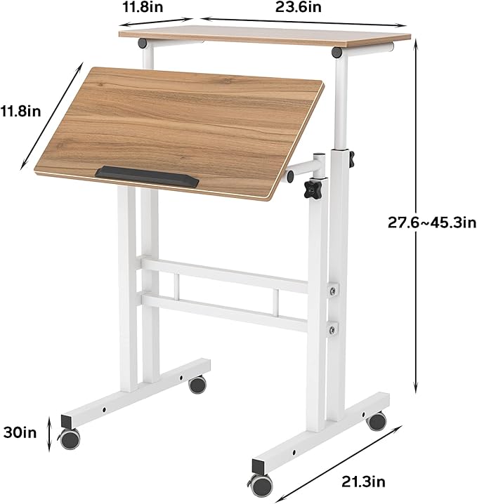 DlandHome Mobile Standing Desk Stand Up Desk Rolling Desk Stand Sit Desk Mobile Computer Desk Adjustable Standing Desk 23.6inches Table Workstation Mobile Desk Cart Tray Oak