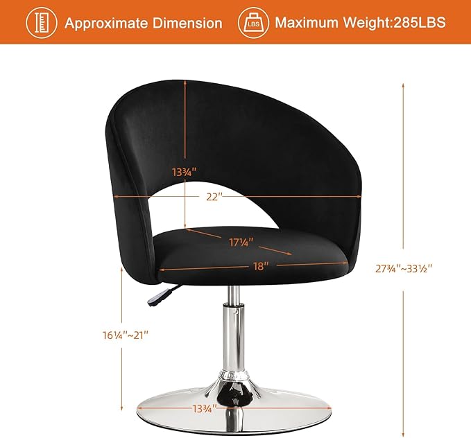 Furniliving Vanity Chair Salon Chair Flexible Round-Back 360° Accent Chair with Plated Frame Height Adjustable Swivel Chairs for Living Room Bedroom Lounge Pub Bar Velvet Black
