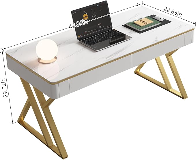 Modern Office Computer Desk with Tempered Glass Top &amp Marble Pattern White Wooden Gaming Desk with Drawers Thick Lacquered Writing Desk for Home Office Bedroom and Living Room (Z-104)