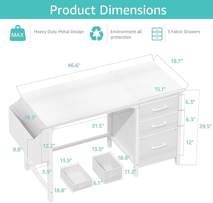 Lufeiya White Desk with File Drawers Cabinet 47 Inch Reversible Computer Desk with Fabric Filing Cabinet for Bedroom Small Space Home Office Modern Writing Table PC Desks White