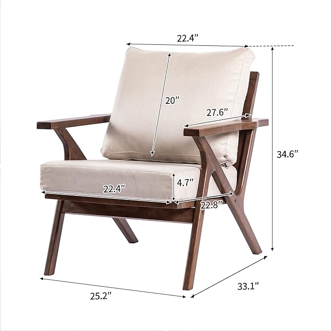 UNICOO - Mid Century Chair Retro Upholstered Accent Armchair with Wood Frame and Removable Cushions Large Leisure Slipper Chair for Living Room/Bedroom (U2279-Beige)
