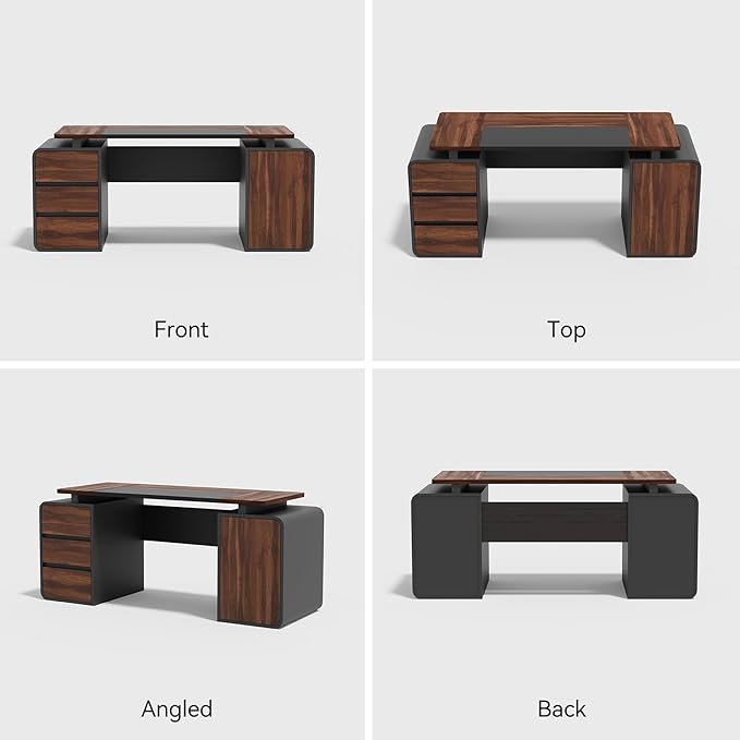 63-Inch Home Office Desk with 3 Drawers and Storage Cabinet Modern Farmhouse Executive Desks with 2 Tone Desktop and Privacy Panel for Living Room Bedroom Small Space Black &amp Walnut