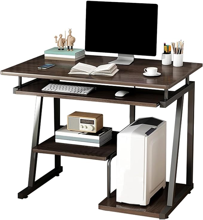 Small Computer Deskthree-layer computer desk with keyboard tray and host tray modern style compact computer desk suitable for home office small apartment and other scenes(Brown31.5in*15.7in*28.7i