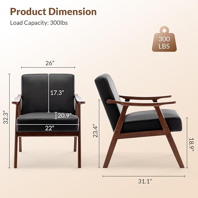Rovibek PU Leather Accent Chair with Arms - Mid Century Modern Accent Chairs with Wood Frame Upholstered Arm Chairs with 5.9in Thick Foam Black Occasional Chair