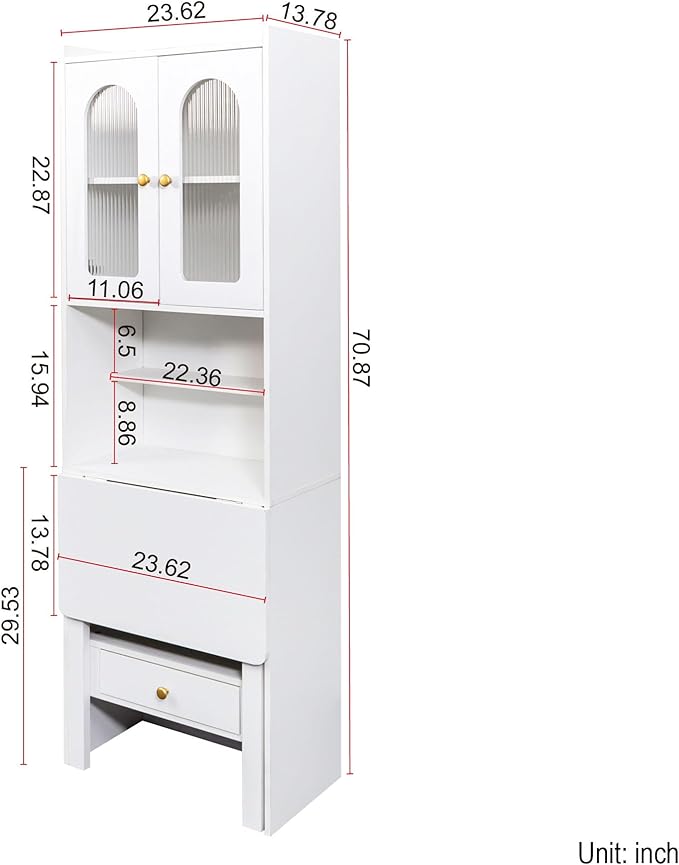 Convertible Fold Down Desk with Bookshelf &amp Drawer Multifunctional Murphy Desks with Storage Hideaway Fold Out Desk Cabinet for Small Spaces (White)