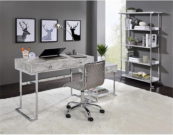 Acme Tigress Faux Marble Top Writing Desk with 2 Drawers in White and Chrome