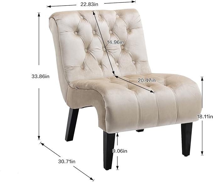 Yoluckea Modern Upholstered Accent Chair S-Shape Armless Lounge Chair for Bedroom Living Room Comfy Velvet Chaise Chairs with Button Tufted Back and Solid Wood Legs Beige