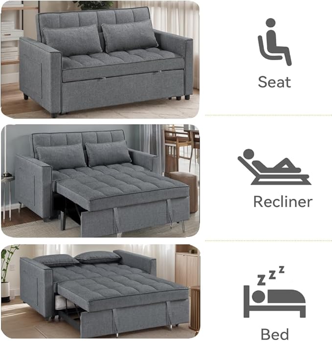 3-in-1 Convertible Loveseat Sofa Bed with Pull Out Bed and Storage Sectional Counch for Living Room Apartment Bedroom Office | Adjustable Backrest | Gray