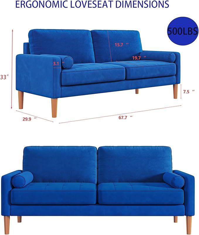 67 W Modern Velvet Loveseat Sofa Mid Century Modern Decor Love Seat Couches for Living Room Button Tufted Upholstered Small Couch for Bedroom Easy to Install Love Seats Furniture (Blue)