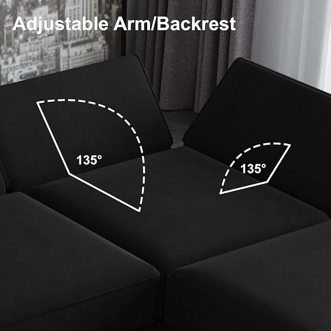Belffin Modern L Shaped Velvet Sectional Sofa with Chaise Black Storage Adjustable Arm/Backrest