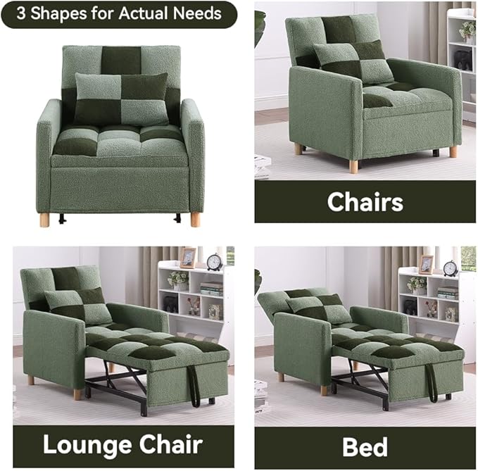 Sleeper Chair Bed - Convertible Single Sofa Chair Bed with PillowPull Out Sleeper Bed with Adjustable BackrestMulti-Functional Lounge Chair with Teddy Fabric for ApartmentLiving Room (Green)