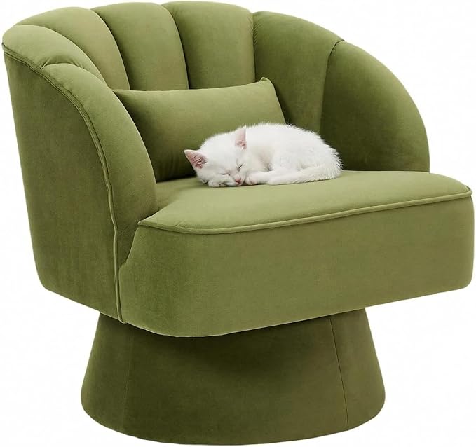 Modern 360° Swivel Barrel Accent Chair Velvet Fabric Upholstered Round Lounge Armchair with Striped Backrest &amp Plush Padding for Living Room Bedroom Reading Nook Green