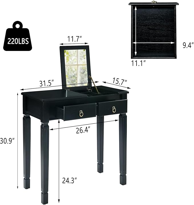 LEEMTORIG 31.5 Solid Wood Small Vanity Desk with Flip-top Mirror Compact Wooden Writing Desk with Drawers 3 in 1 Secretary Desk/Dressing Table/Nightstand for Small Space Black SZT-D0036-BK