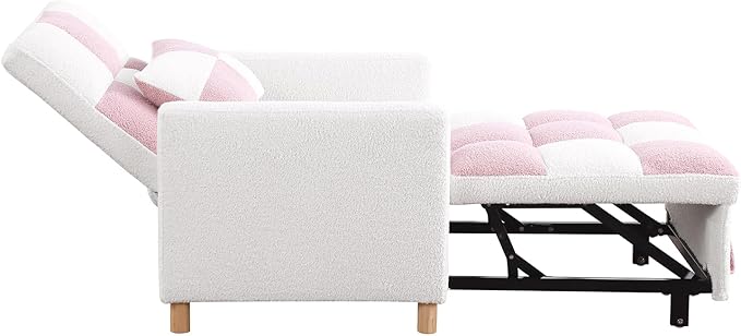 Convertible Sleeper Chair 3-in-1 Sleeper Chair Pull-Out Futon Bed for Small Space Soft Teddy Fabric Sturdy Metal Frame Pink