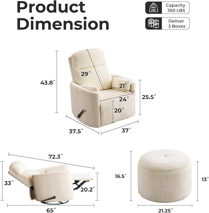 Oversized Swivel Rocker Recliner Chair with Massage and Heat Manual Swivel Glider Rocker Recliner with 2 Pillows Rocking Nursery Chair with Storage Ottoman Adjustable HeadrestCorduroy Beige