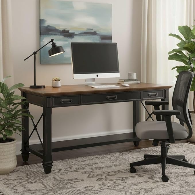 Starlight Wood Writing Desk Dropfront Keyboard Drawer 2 Utility Drawers Power Center with USB/AC Finished on All Sides Brown Office