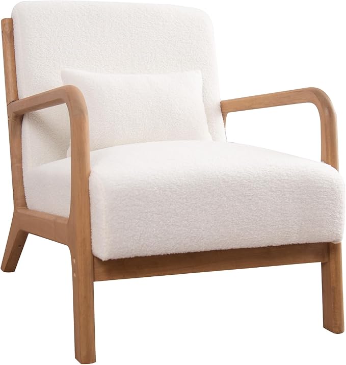 ANJ Mid Century Modern Accent Chair Single Fabric Lounge Reading Armchair with Solid Wood Frame Easy Assembly Arm Chairs for Living Room White