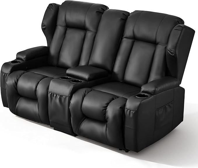 BINGTOO Manual Double Reclining Loveseat Sofa 2-Seater RV Wall Hugger Leather Couch for Living Room &amp Home Theater with Storage Console/Cup Holders/Side Pockets PU Black