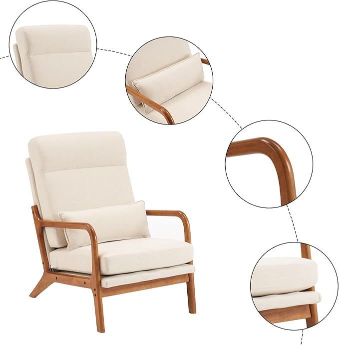 Karl home Accent Chair Mid-Century Modern Chair with Pillow High Back Line Fabric Upholstered Lounge Arm Chair with Solid Wood Frame &amp Soft Cushion for Living Room Bedroom Balcony Beige