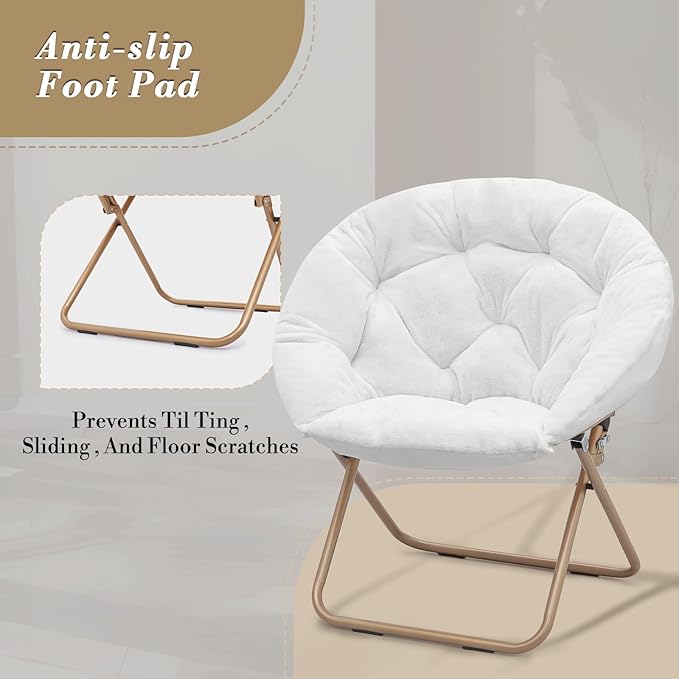 Athena Collection Round Saucer Chair with Ottoman Set of 2 for Adults Oversize Comfy Cozy Faux Fur Folding Reading Chair with Metal Leg Lazy Relaxing for Living Room Bedroom Dorm Apartment White