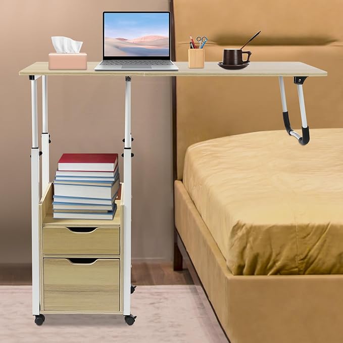 Home Office Desk with Wheels Movable Bedside Table with Plastic Drawers Height Adjustable Over Bed Desk for Laptop White for Home Office Study (Light Wood + White)