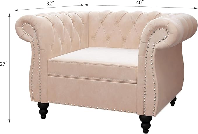Living Room Chair Modern Velvet Chesterfield Sofa Chair Mid Century Single Sofa Couch Chair with Tufted Back and Rolled Arms Accent Sofa Chair for Living Room Apartment Beige