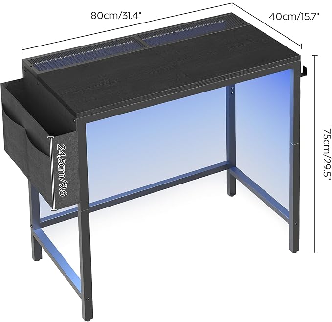 Computer Desk with LED Lights Gaming Desk with Storage Bag and Breathable Mesh Desktop Home Office Desk with Headphone Hook for Home Office Gaming Room Black and Gray DN07DBB