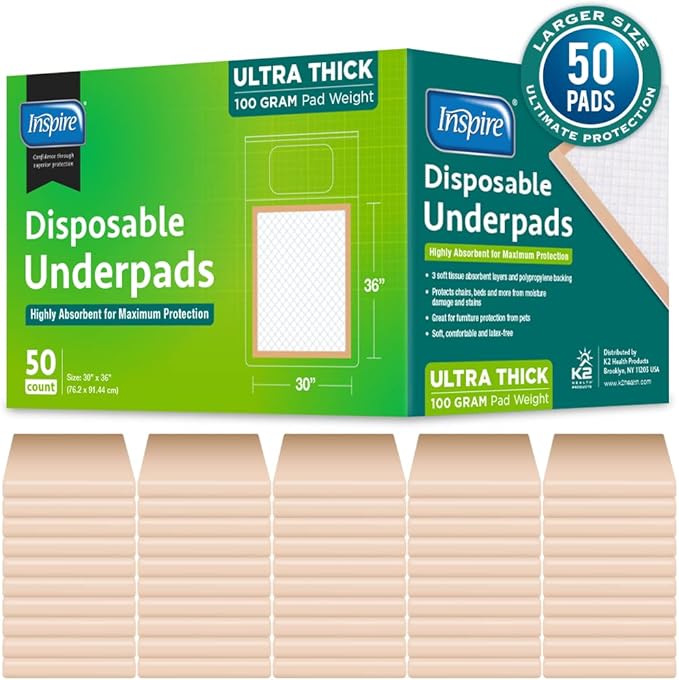 Inspire Extra Large Super Absorbent Disposable Bed Pads for Chronic Incontinence Ultra Thick and Absorbent Bed Pads Disposable Adult | Pee Pads for Adults (30 X 36 Pack of 50)