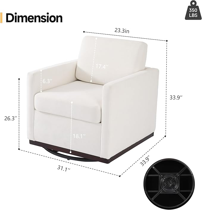 Pia Ricco Single Swivel Barrel Chair Mid-Century Modern Accent Armchair with Plush Chenille Upholstery for Living Room &amp Cozy Reading Nook Beige