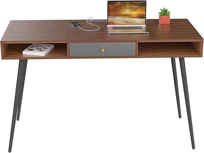 Mid Century Desk with USB Ports and Power Outlet Modern Writing Study Desk with Drawers Multifunctional Home Office Computer Desk Walnut